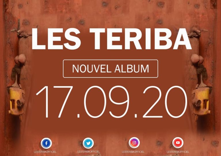 Visuel fond couleur brique annonçant la sortie du prochain album musical du Groupe Teriba le 17 septembre prochain et indiquant leurs différents réseaux sociaux.