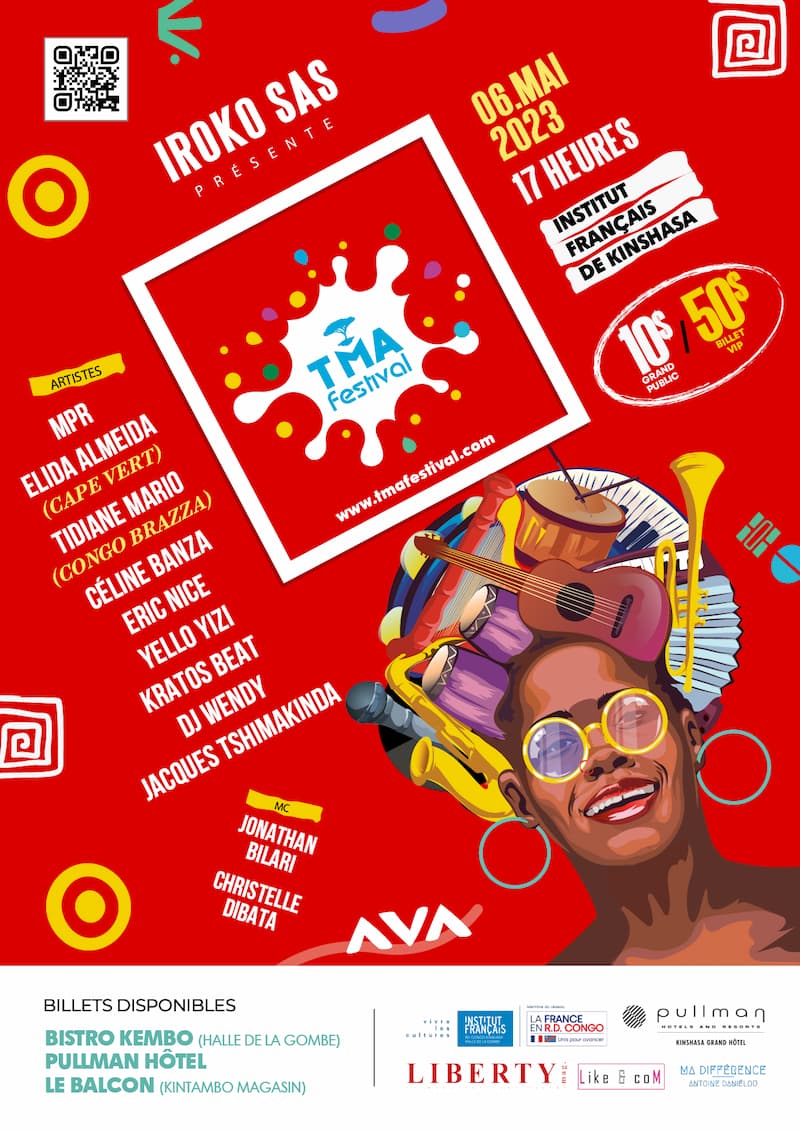 affiche de la scène musicale de TMA Festival - fond rouge avec une femme de face, coiffée à l'aide d'instruments